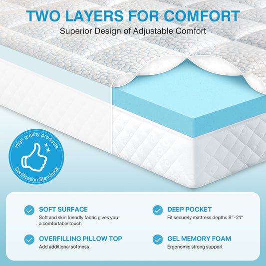 FAPO Queen Size Dual Layer 4 Inch Memory Foam Mattress Topper,Including 2" 50D Gel Memory Foam and 2" 3D Desigh Soft Breathable Quilted Pillow Top Mattress Pad