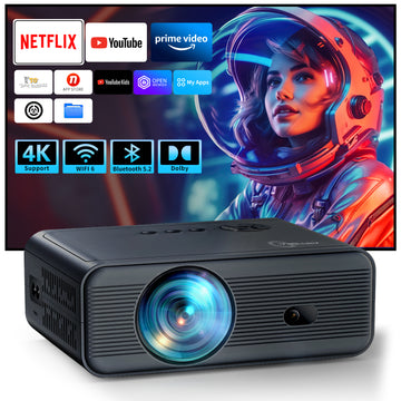 [Built-in APPs] ARTSEA Smart Projector with WiFi and Bluetooth,Tripod Including,2025 Upgrade Android TV OS,4K Support Native 1080P,Keystone Correction,Compatible with Smartphone/Laptop/TV Stick